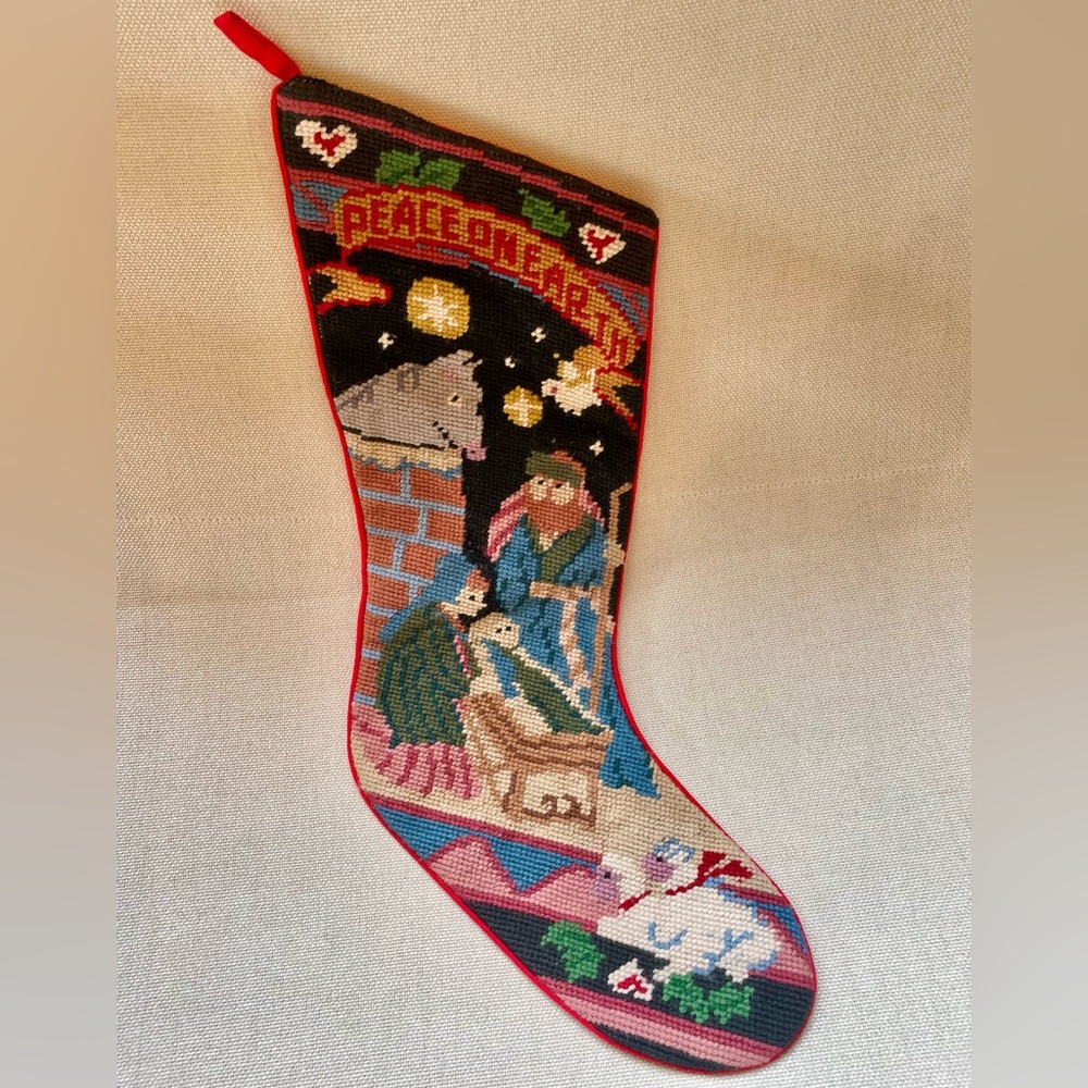 Vintage Handmade Needlepoint Christmas Stocking Jesus Manger Nativity Scene